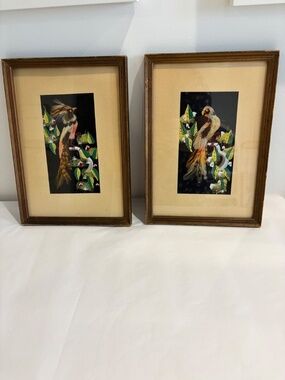 Vintage Mexican bird feather art paintings wood frames SET OF TWO 10.75" X 7.5"